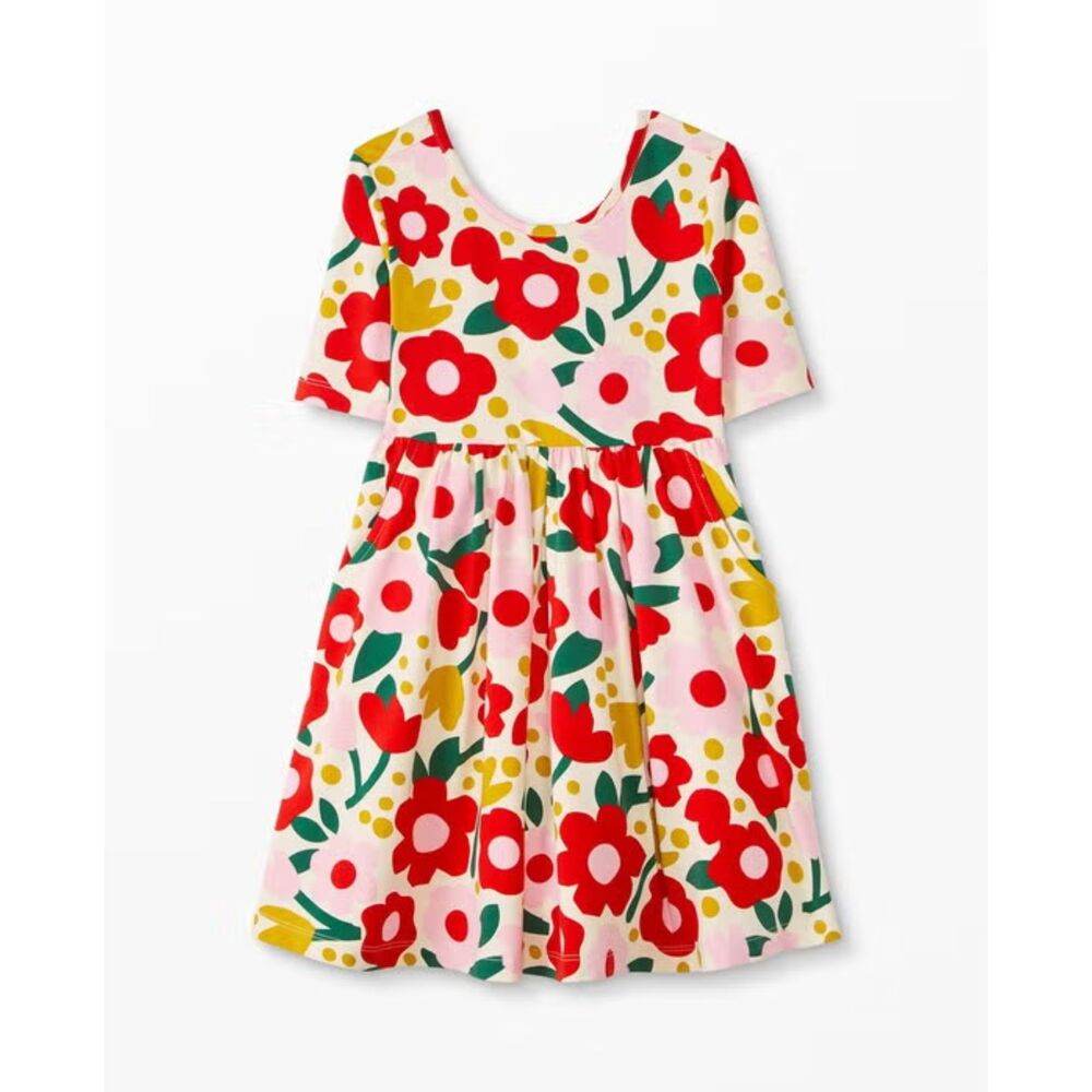 Hanna Andersson US 12 (150) Elbow Print Skater Dress Rosey Posey Cream Red Pink